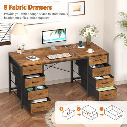 50 Inch Computer Desk with 8 Drawers for Home Office, Bedroom, Living Room - color: Rustic Brown, size: 18.9"D x 50.4"W x 29.3"H