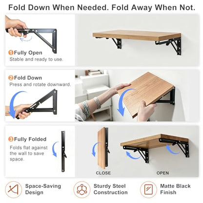 10 Inch Folding Shelf Brackets, Heavy Duty Wall Mounted Collapsible Metal Shelf Bracket, Black Folding Table Brackets for Workbench, Kitchen, Living Room, Bedroom, Study, 2 Pack - size: 10 Inch