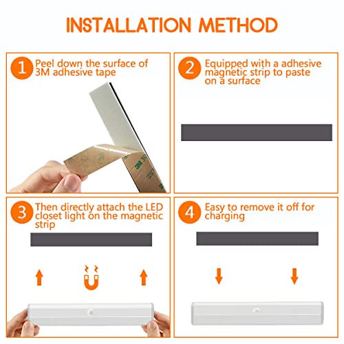 4 Pack Motion Sensor Closet Lights, 10 LED Stick-on Anywhere Magnetic Portable Wireless LED Under Cabinet Lights, Rechargeable Battery Night Light Bar for Closet Kitchen Hallway Stair(Daylight White) - size: 4 Pack