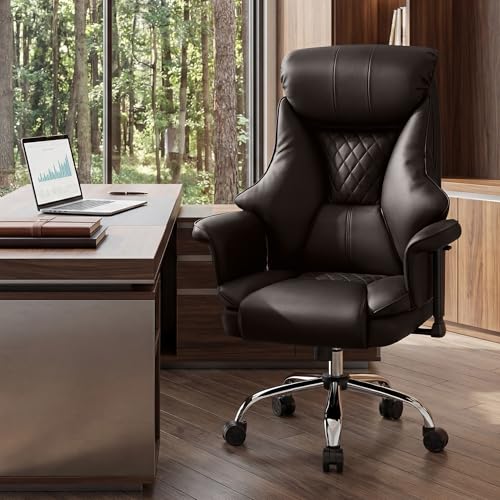 Big and Tall Office Chair - Executive High Back Leather Office Desk Chair with Adjustable Lumbar Support - Ergonomic Comfortable Heavy Duty Computer Gaming Chair with Padded Arms & Wide Seat - color: Brown