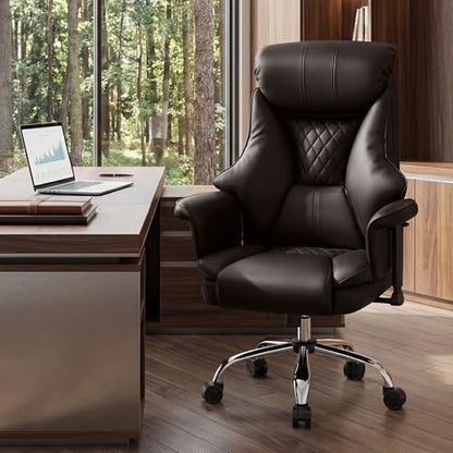 Big and Tall Office Chair - Executive High Back Leather Office Desk Chair with Adjustable Lumbar Support - Ergonomic Comfortable Heavy Duty Computer Gaming Chair with Padded Arms & Wide Seat - color: Brown