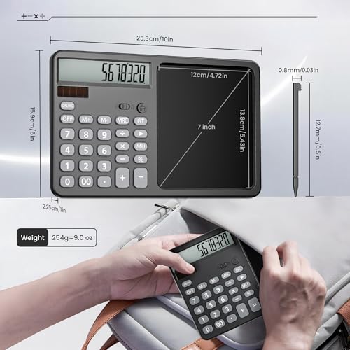 Desk Calculator with 7" LCD Writing Tablet, Stable Foldable Kickstand with Ergonomic 15° Viewing Angle, 12-Digit Large Display, Solar & Battery Dual Power, 2-in-1 Notepad Calculator -Black