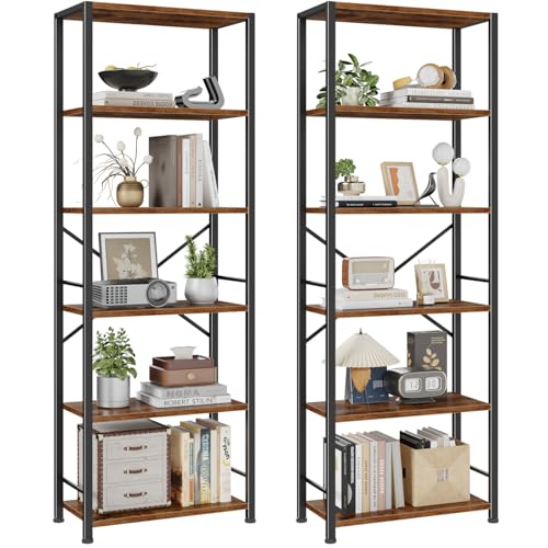 Furologee 6 Tier Book Shelf Set of 2, Tall Wide Bookshelf, Industrial Open Bookcase, Display Shelves Storage Organizer, Shelving Unit for Living Room, Home Office, Bedroom, Rustic Brown - color: Rustic Brown, size: 6 Tier - 20"W-2 PCS