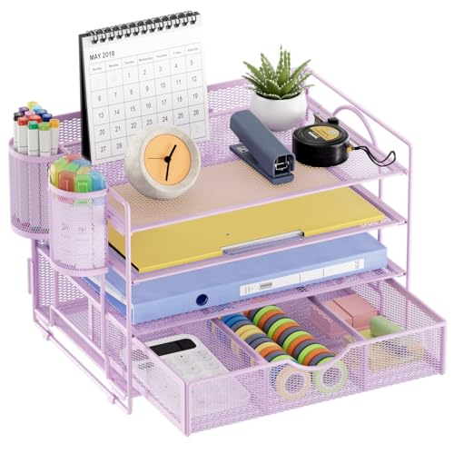 Marbrasse Desk Organizer, 4-Tier Paper File Letter Tray, Purple | Sturdy Paper Tray, File Holder, Built-in Drawer, 2 Pen Slots, fits Letters/Files, for School Home Office Supplies - color: Purple with Pen Holder