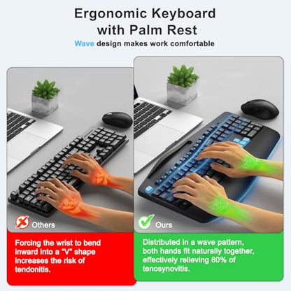 Wireless Keyboard and Mouse Combo, Full Size Ergonomic Wave Keys(Blue) - color: Blue Black