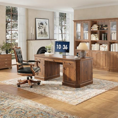 59" Classic Executive Desk with Storage, Victorian Executive Desk with Charging Station, Keyboard Tray, 3 Drawers & 2 Cabinet Storage & 2 Pedestals, Easy Assembly, Dark Walnut - color: Dark Walnut