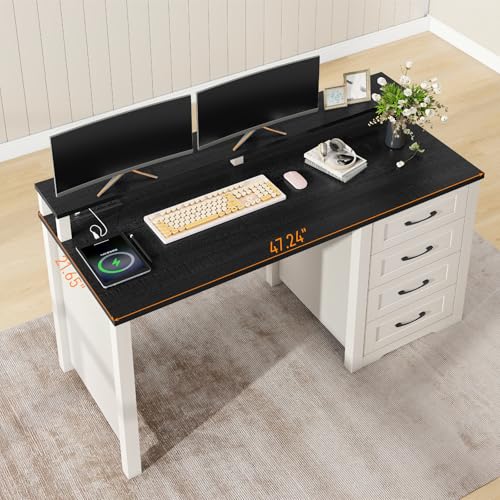 Vabches 47" Farmhouse Executive Desk with 4 Drawers and LED Lights, Black - color: Black, size: 4 Drawers & Monitor Stand