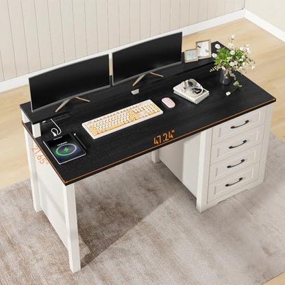 Vabches 47" Farmhouse Executive Desk with 4 Drawers and LED Lights, Black - color: Black, size: 4 Drawers & Monitor Stand