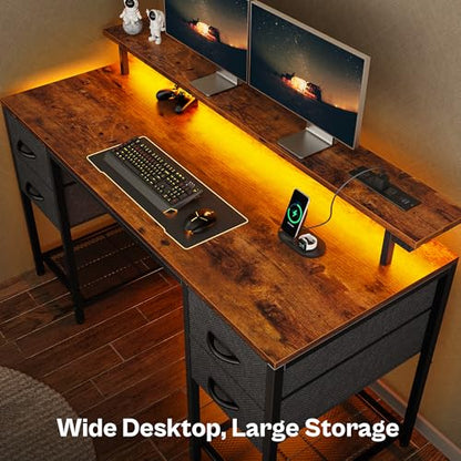 Huuger 55 inch Computer Desk with Power Outlets & 4 Drawers - color: Rustic Brown, size: 55 Inch