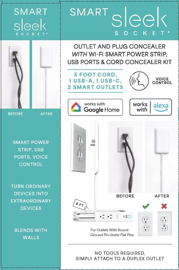 Smart Sleek Socket: Universal Outlet Concealer with Wi-Fi Smart Power Strip - size: 5 ft - Smart, style: Standard Outlet