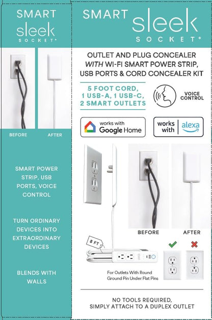Smart Sleek Socket: Universal Outlet Concealer with Wi-Fi Smart Power Strip - size: 5 ft - Smart, style: Standard Outlet
