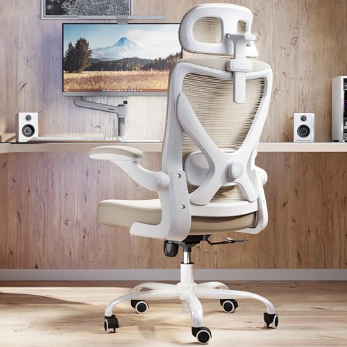 Ergonomic Office Chair: Mesh Desk Chair Comfy with Headrest& Lumbar Support | Ergalithic Big and Tall Office Chairs with Wheels & Flip-Up Arms-Computer Gaming Chairs for Adults Home Office Chairs(Beige) - color: White Beige, size: Pack of 1