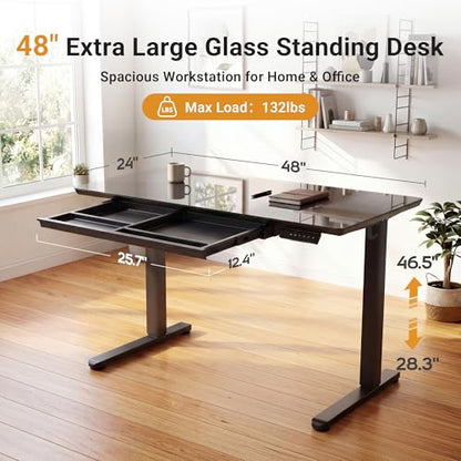 YDN Glass Standing Desk with Drawers 48x24 Inch Black - color: Black, size: 48 Inch