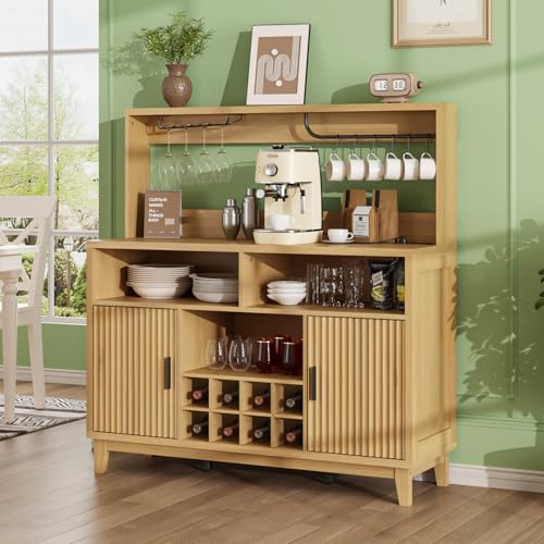 Fluted Buffet Cabinet with Storage, Modern Coffee Bar Cabinet, Natural - color: Wood Grain, size: Coffee Bar - 15.6"D x 47.2"W x 49.6"H
