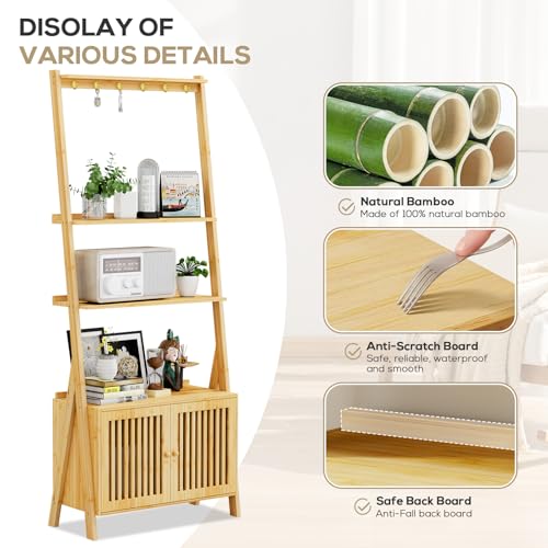 Bookshelf with Drawers, 4-Tier Bamboo Bookcase Ladder Shelf with 6 Hooks - color: 4-tier Natural