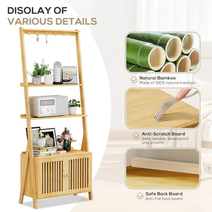 Bookshelf with Drawers, 4-Tier Bamboo Bookcase Ladder Shelf with 6 Hooks - color: 4-tier Natural