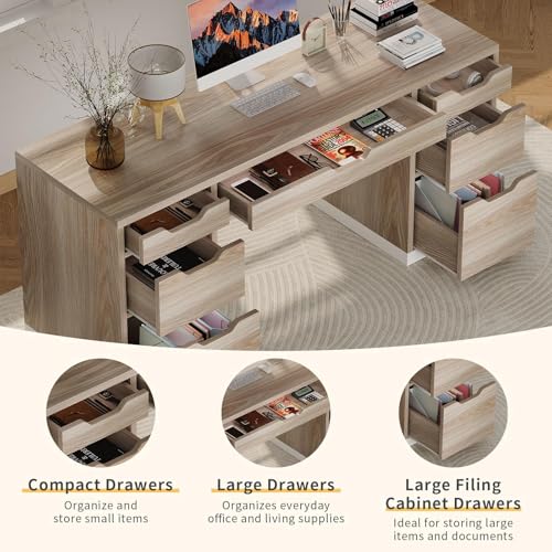 Computer Desk with 7 Drawers, Home Office Desk with Storage, Light Walnut | 54 Inch Writing Desk with 7 Drawers for Small Spaces, Study Desk for Bedroom