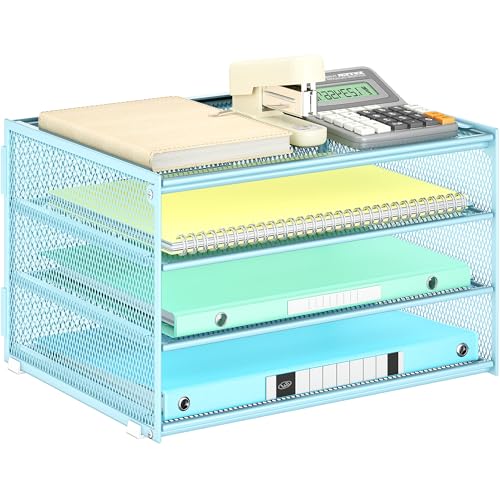 Lavatino 3-Tier Letter Tray Desk Paper Organizer – Blue Mesh Metal File Tray Organizer for Desk, Office Supplies & Home Organization | Fits A4/Letter Paper, Mail, Magazines and Office Accessories - color: 4-tier No Handle - Blue