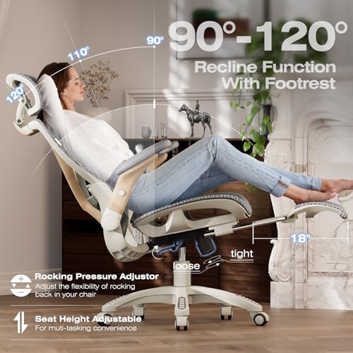 ELABEST X100 Ergonomic Mesh Office Chair with Footrest, Big and Tall Home Desk Chair with 5D Flip-Up Arms, Adjustable 3D Lumbar Support, Gaming & Executive Computer Chair (Foggy Morning) - color: Foggy Morning