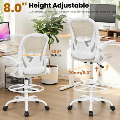Drafting Chair Tall Office Chair with Flip-up Armrests Executive Ergonomic Computer Standing Desk Chair with Lumbar Support and Adjustable Footrest Ring (Beige) - color: Beige, size: 934-Z