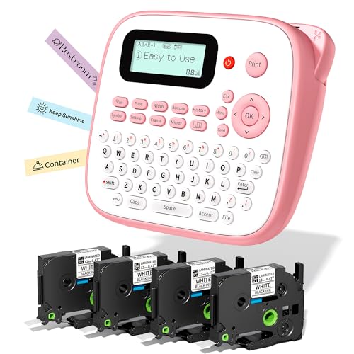 D210S Label Maker Machine with Tapes, Pink Label Maker Waterproof-Labels, Desktop Labeler with 4PK Tapes Laminated White for Home Kids School Supplies, Keyboard Labeler with 16 Fonts 800+ Icons - color: Pink, style: label maker with 4 tapes