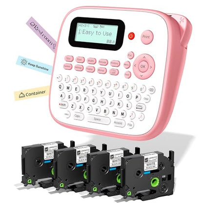 D210S Label Maker Machine with Tapes, Pink Label Maker Waterproof-Labels, Desktop Labeler with 4PK Tapes Laminated White for Home Kids School Supplies, Keyboard Labeler with 16 Fonts 800+ Icons - color: Pink, style: label maker with 4 tapes