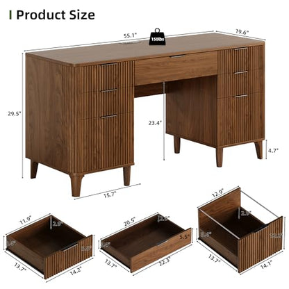 55.1" Fluted Executive Desk with Drawers, Wood Computer Desk with Storage Cabinet, Home Office Desk with Charging Station, Farmhouse Desk with File Cabinet for Office Home (Walnut) - color: Walnut With 4 Legs