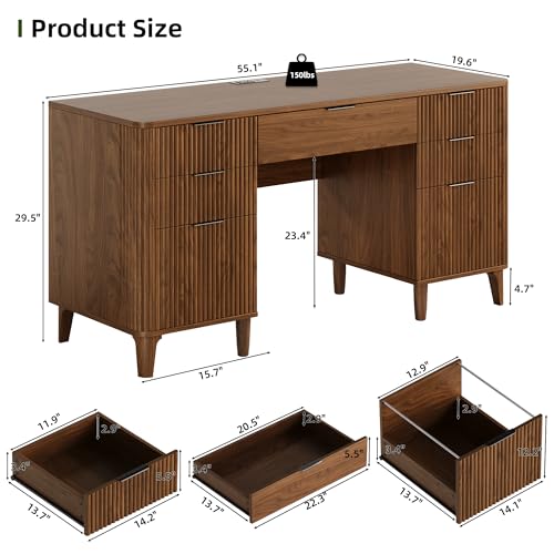 55.1" Fluted Executive Desk with Drawers, Wood Computer Desk with Storage Cabinet, Home Office Desk with Charging Station, Farmhouse Desk with File Cabinet for Office Home (Walnut) - color: Walnut With 4 Legs