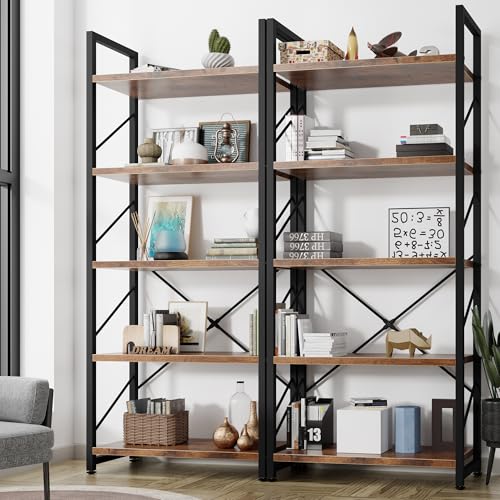 5 Tiers Bookshelf, Classically Tall Bookcase, Industrial Book Rack - color: Brown & Brown