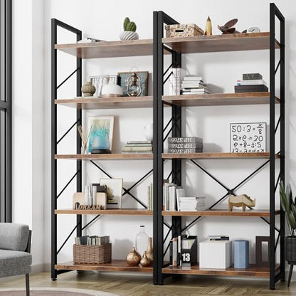 5 Tiers Bookshelf, Classically Tall Bookcase, Industrial Book Rack - color: Brown & Brown