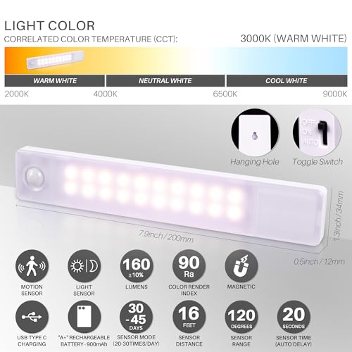 STAR-SPANGLED Under Cabinet Lighting Rechargeable, 8 inch Motion Sensor Lights Indoor Battery Operated, USB Stick on LED Magnetic Closet Light for Counter, Stairs, Kitchen, Warm White, 2 Pack - color: Warm White