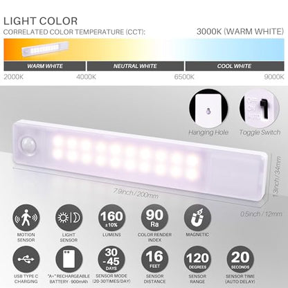 STAR-SPANGLED Under Cabinet Lighting Rechargeable, 8 inch Motion Sensor Lights Indoor Battery Operated, USB Stick on LED Magnetic Closet Light for Counter, Stairs, Kitchen, Warm White, 2 Pack - color: Warm White