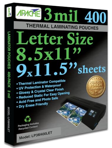 Apache Letter Size Laminating Pouches, 3 Mil, 400 Pack, Holds 8.5 x 11 Inch Projects (9 x 11.5 Inch Pouch Size), Thermal Laminator Compatible Laminating Sheets, Super Clear, Round Corners - size: 400 Pack, style: Letter