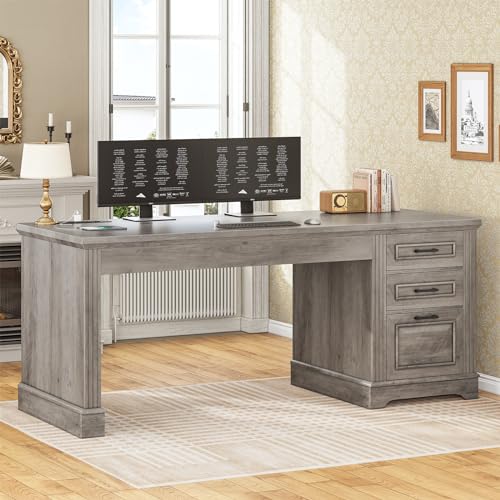 SEDETA Executive Office Desk with 3 Drawers, Farmhouse 55" Computer Desk with Storage File Drawers & Power Outlet for Home Office, Grey - color: Grey, size: 55 inches