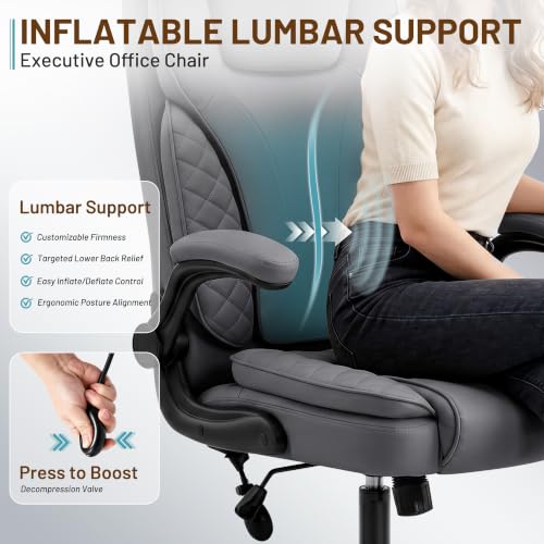 Ergonomic Office Chair, PU Leather High Back Executive Chair with Adjustable Inflatable Lumbar Support and Padded Flip-Up Arms, Recline Swivel Task Computer Chair for Home Office, Gray - color: Grey