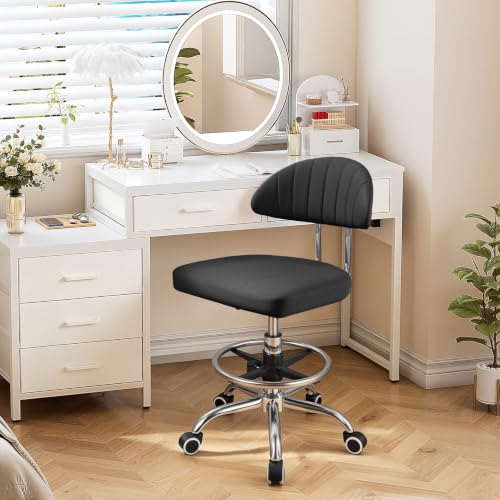 Ergonomic Drafting Stool for Home Office, Height Adjustable Swivel Seat with Backrest and Foot Rest, 360 Degree Rolling Computer Chair, Heavy Duty Metal Base, 220lbs Capacity, Black Black - color: Black