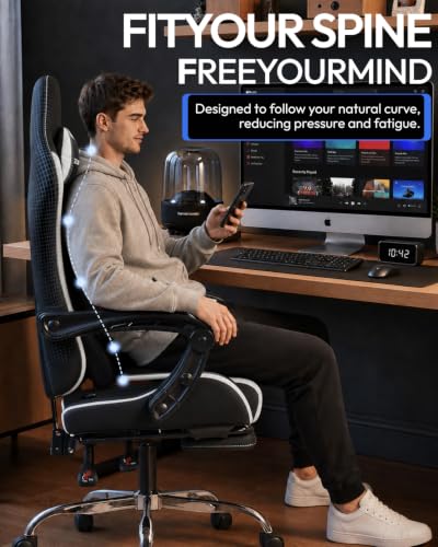 Dowinx Ergonomic Gaming Chair with Footrest & Massage Lumbar, 2D-Linkage Armrests for Computer Chair 330lbs with Headrest Pillow for Office, Home, Streaming and Long Gaming Sessions, Fabric White - color: Black White