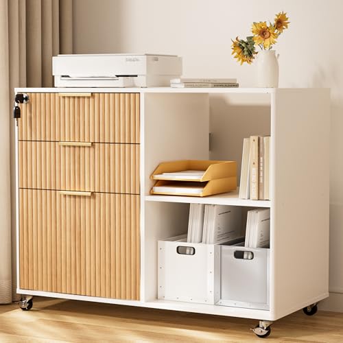 3 Drawer Fluted Mobile Filing Cabinet with Lock, Lateral Rolling Under Desk File Cabinet, Wooden Printer Stand Table for Home Office Essentials Storage Organization Furniture Letters/A4(Oak) - color: Oak-white