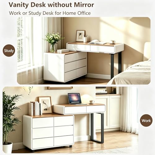 KDCAS White Vanity Desk with LED Lighted Mirror, Extendable Makeup Vanity Table with Walnut-Grain Top & Reversible Side Cabinet, L-Shaped Corner Vanity Desk for Bedroom, Home Office