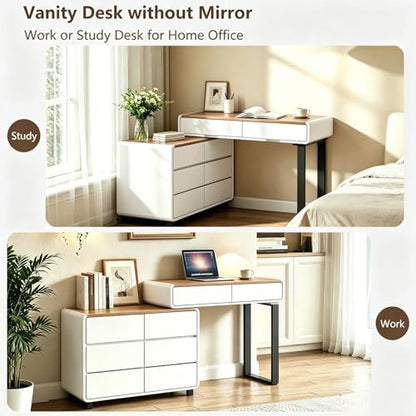 KDCAS White Vanity Desk with LED Lighted Mirror, Extendable Makeup Vanity Table with Walnut-Grain Top & Reversible Side Cabinet, L-Shaped Corner Vanity Desk for Bedroom, Home Office