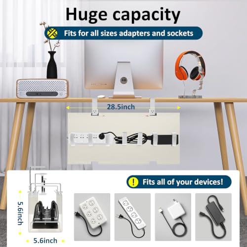 28" Small Under Desk Cable Management Tray No Drill, Compact Clamp On Cord Organizer for Dorm & Small Desk, Anti-Sag Oxford Fabric Wire Hider, Power Strip Holder (Beige, 28.5") - color: Beige, size: 28.5"×5.6"