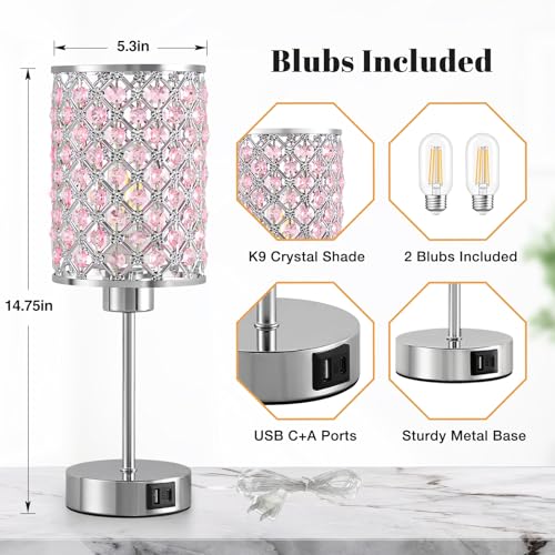 GyroVu Pink Crystal Bedside Table Lamps Set of 2 with USB C+A Ports - color: Pink-2, size: 14.75"