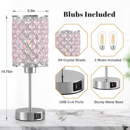 GyroVu Pink Crystal Bedside Table Lamps Set of 2 with USB C+A Ports - color: Pink-2, size: 14.75"