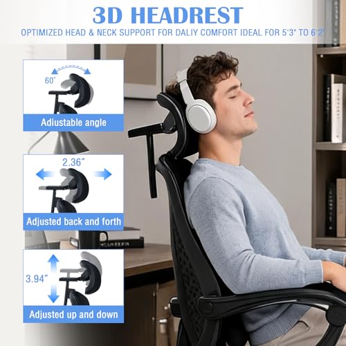 Ergonomic Office Chair with Footrest - Adjustable Lumbar Support & 3D Headrest, 90-160° Reclining Mesh High-Back Rolling Work Swivel Computer Chair-400lbs Capacity - color: Dark Black