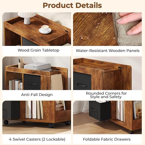 Yaheetech Narrow End Table Storage Drawer Rolling Shelves, Rustic Brown | Open Shelves | Magazine Rack | Rolling Wheels | Wooden Construction | Living Room & Bedroom - color: Rustic Brown
