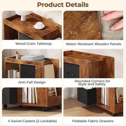Yaheetech Narrow End Table Storage Drawer Rolling Shelves, Rustic Brown | Open Shelves | Magazine Rack | Rolling Wheels | Wooden Construction | Living Room & Bedroom - color: Rustic Brown