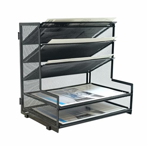SETTFRFE 5-Tier Metal Desk File Organizer, File Tray Rack | 3 Slanted+2 Horizontal Paper File Holder for Office Supplies,Multi Layer Letter Tray,Home Office Desktop Storage Rack,Black