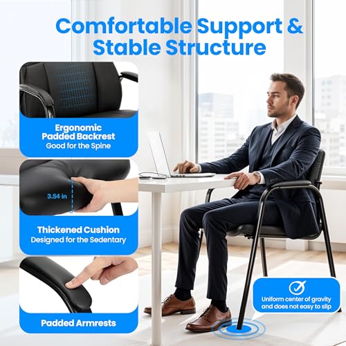 Simple Deluxe Office Guest Chair with Padded Armrests (No Wheels), Stationary Leather Reception Chair for Waiting Room, Conference Room, Lobby, Home, Desk Side & Dining, Black - color: Black New, size: 1 Pack Thickened Cushion
