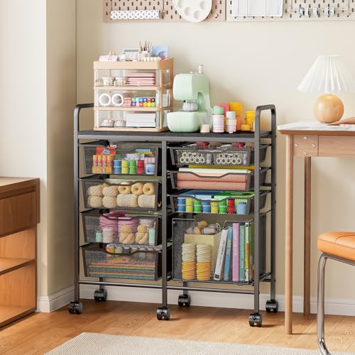 Aokitsink Rolling Cart with Drawers,8-Drawer Storage Cart with Wooden Tabletop and Lockable Wheels,Craft Storage & Art Supply Organizer,Letter-Size File Drawer for Classroom, Office & Home - color: Black, size: 8 Drawers