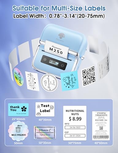 Phomemo M250 3" Label Maker, Thermal Barcode & Address Printer | Label Printer for School, Business, Home & Logos, Sticker Printer Compatible with Phones & PCs, with 100 Labels, 40x30mm - color: Blue